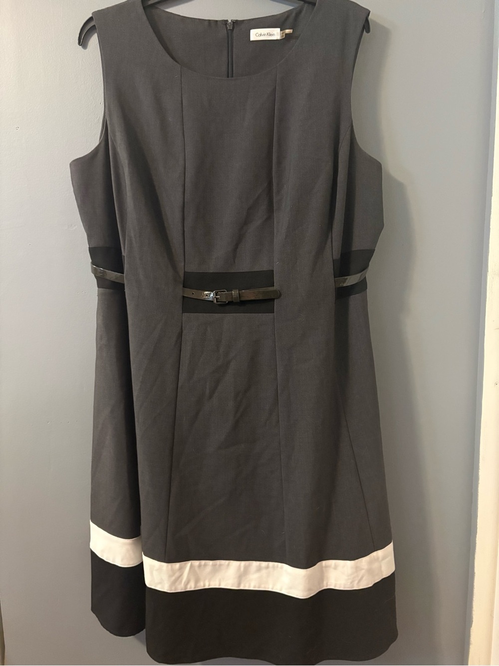 Calvin Klein Gray Sleeveless A-Line Dress with White Hem